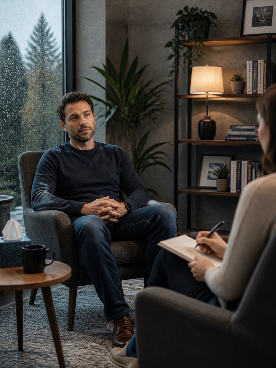Counsellor and client in a calm, private therapy office in Langley BC